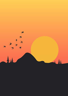 Sunset over mountains with birds