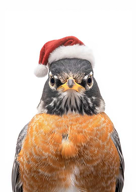 American Robin Bird Wearing Santa Hat