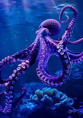 Purple Octopus in Deep Blue Sea