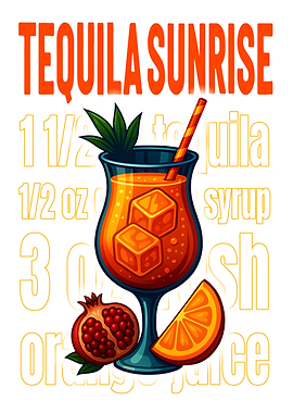 Tequila Sunrise Cocktail Art Print – Vibrant Tequila Drink Recipe Wall Decor for Bar, Kitchen, or Lounge