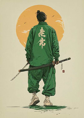 Modern Samurai in Green Tracksuit