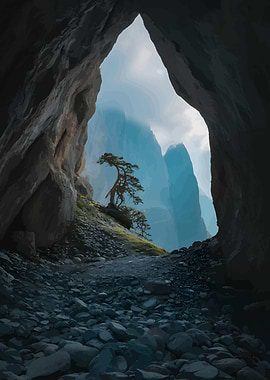 Cave Entrance to Mountain Landscape