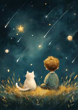 Boy and Cat Watching Shooting Stars
