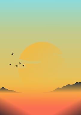 Sunset with Birds Silhouette Illustration