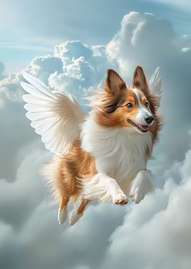 Winged Sheltie Dog Flying in Clouds | Shetland Sheepdog Pet Loss Wall Art