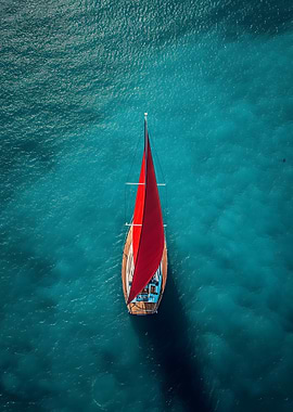 Red Sailboat in Turquoise Water