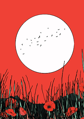 Poppy Field Under a Full Moon