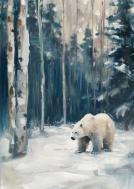 Polar Bear in Winter Forest Painting