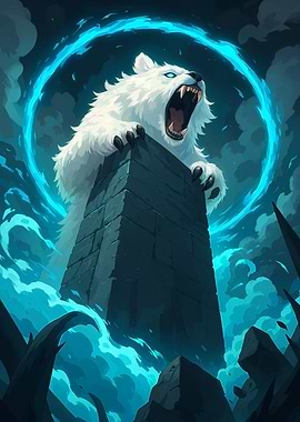 Roaring Polar Bear on Stone Tower