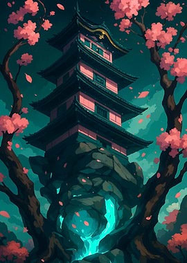 Japanese Pagoda with Cherry Blossoms