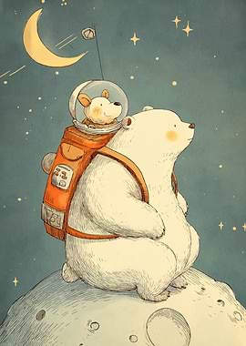 Bear and Dog Astronauts on Moon