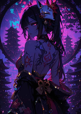 Anime Girl with Fox Mask