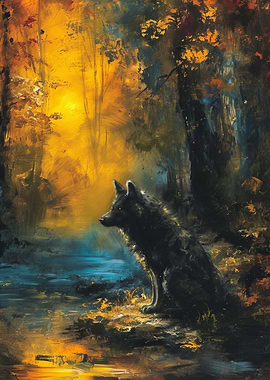 Wolf in Autumn Forest Painting