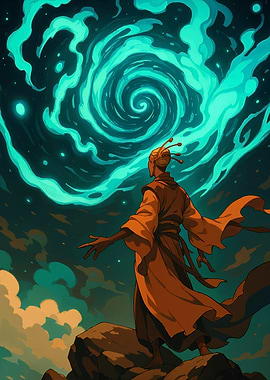 Mystic Figure Gazing at Celestial Swirl