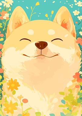 Cute Smiling Shiba Inu with Flowers