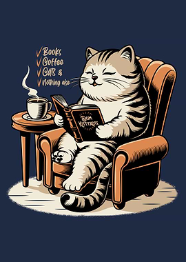 Cat Reading Book with Coffee