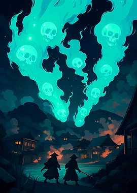 Skull Flames Over Japanese Village