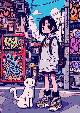 Anime Girl with Cat in Cityscape