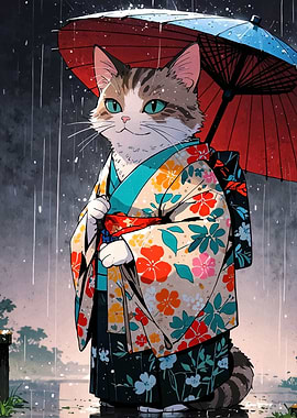 Cat in Kimono with Umbrella