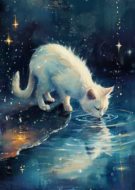 White Cat Drinking Water at Night