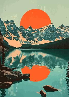 Banff Canada Lake Sunset Aqua Marine Minimalist Abstract Nature Art Illustration