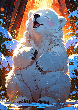 Happy Polar Bear in Snowy Forest