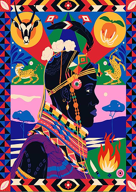 African Tribal Portrait with Wildlife Motifs