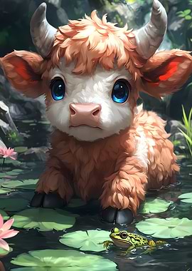 Cute Calf and Frog in Pond