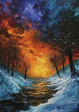 Winter Sunset Landscape Painting