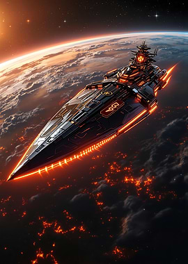 Battlecruiser Descent A Futuristic Spaceship over Burning Planet