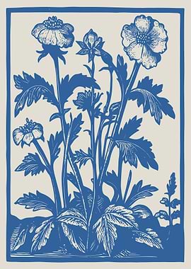 Blue Floral Woodcut Illustration