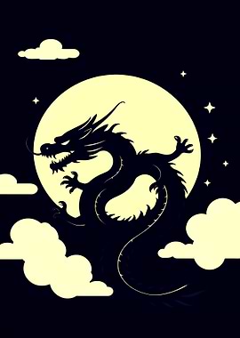 Dragon Silhouette with Moon and Clouds