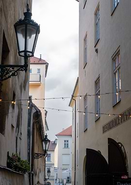 Prague street view with vintage lamps