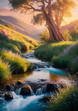 Scenic River Landscape with Large Tree