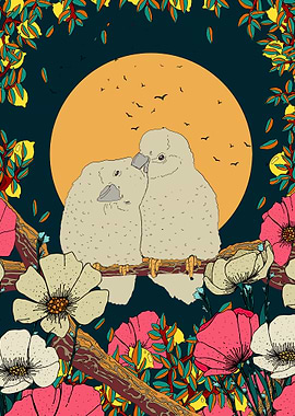 Two Birds in Floral Night Scene