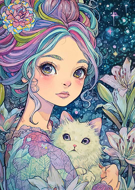 Anime Girl with Cat and Flowers