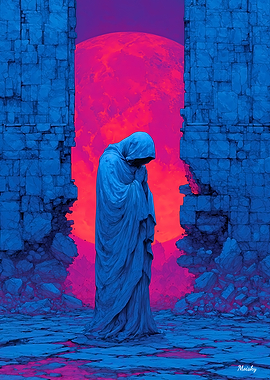 The Breath Before the Storm – Cloaked Figure Under Crimson Moon