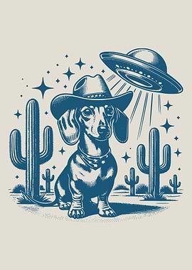 Cowboy Dachshund with UFO in Desert