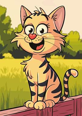Cartoon Cat on Fence