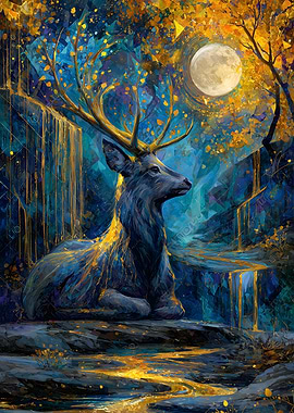 Blue Deer Under Moonlight