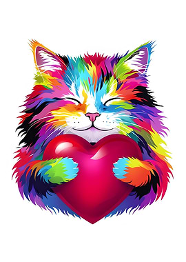 Colorful Cat Hugging Valentine Heart