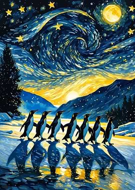 Penguins in Starry Night Landscape