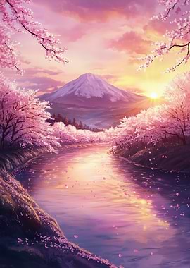 Cherry Blossoms and Mountain Landscape