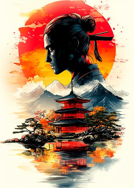 Japanese Landscape with Samurai and Pagoda