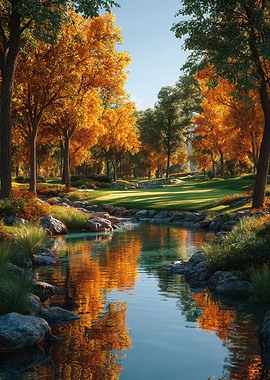 Autumn Golf Course Stream Reflection