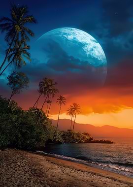 Tropical Beach with Giant Moon