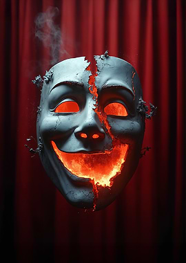 Burning Mask on Red Curtain