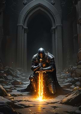 Armored Knight Warrior in a Dark Archway Glowing Sword