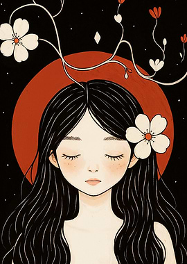 Dreamy Girl with Flowers and Moon