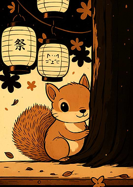 Cute Squirrel with Japanese Lanterns
